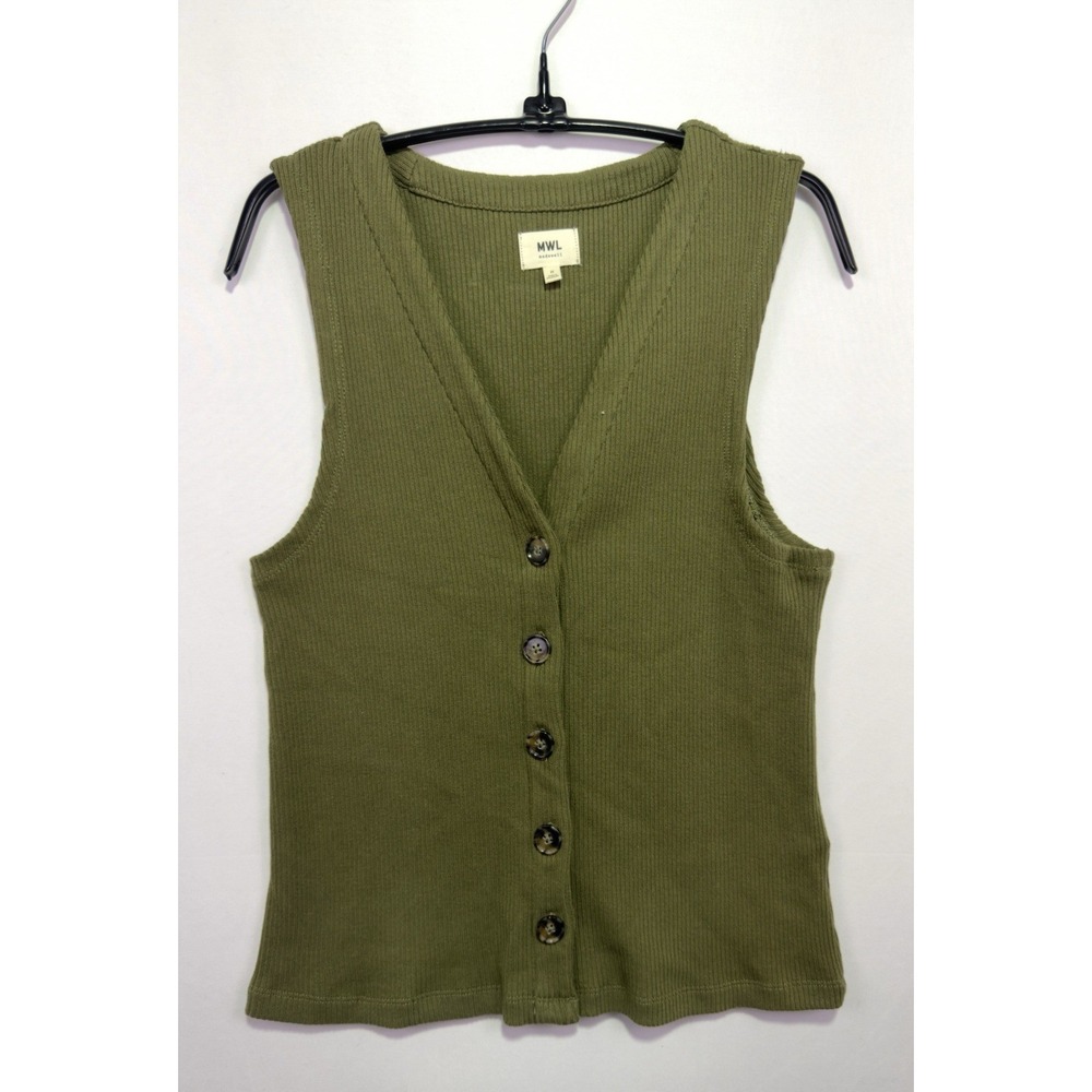 Madewell MWL Women M Olive Green Ribbed Button Front Cotton Vest Tank NM351